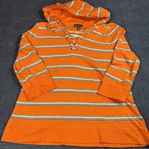 Lauren Ralph Lauren XL Orange Striped Long Sleeve Serape Hoodie Shirt Top
